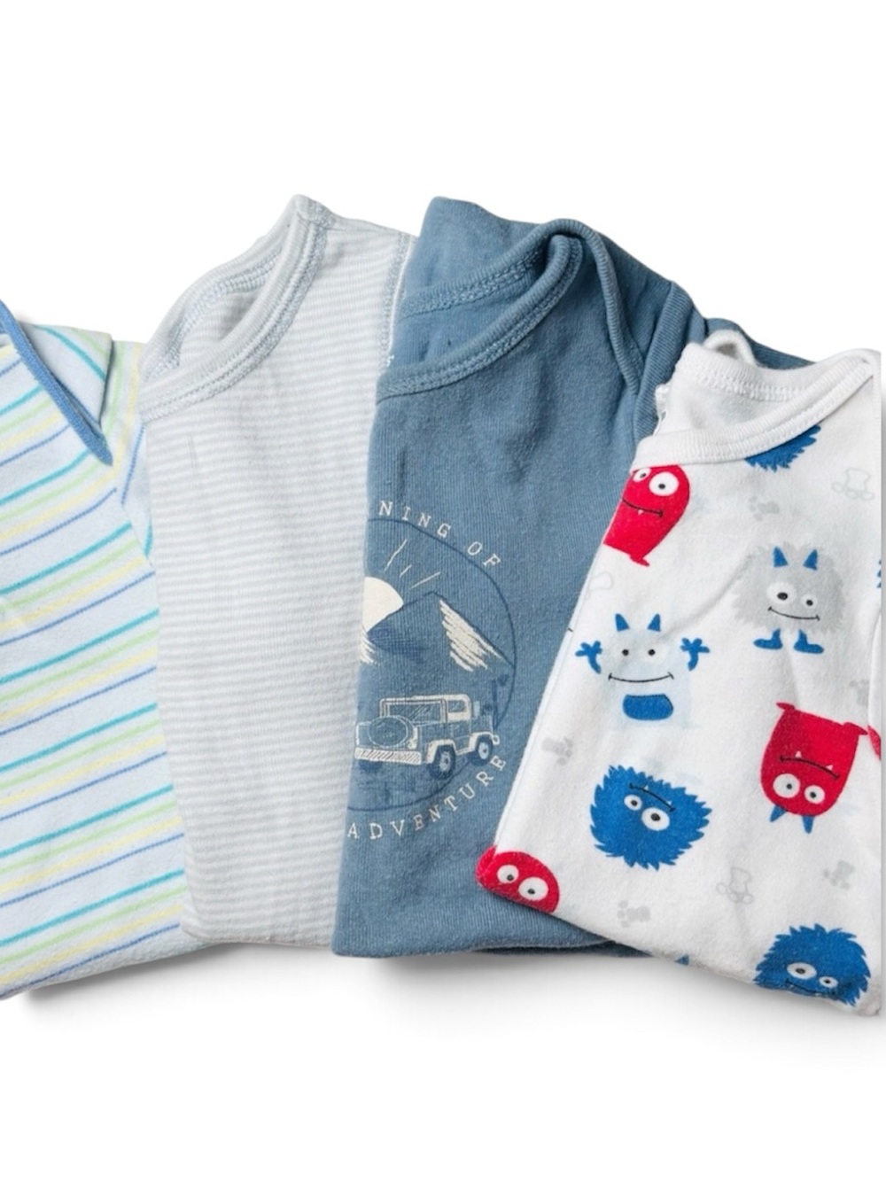 Whimsical Monster Adventure Blue Gray Bodysuit Bundle 4pcs Striped 18-24M